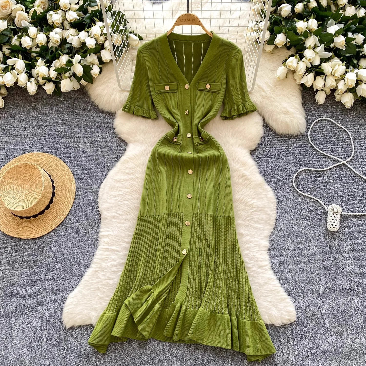 YuooMuoo Fashion Vintage Knitted Long Dress Spring Summer Women Elegant V-neck Ruffled Bodycon Sweater Dress Party Vestido 260728BJ