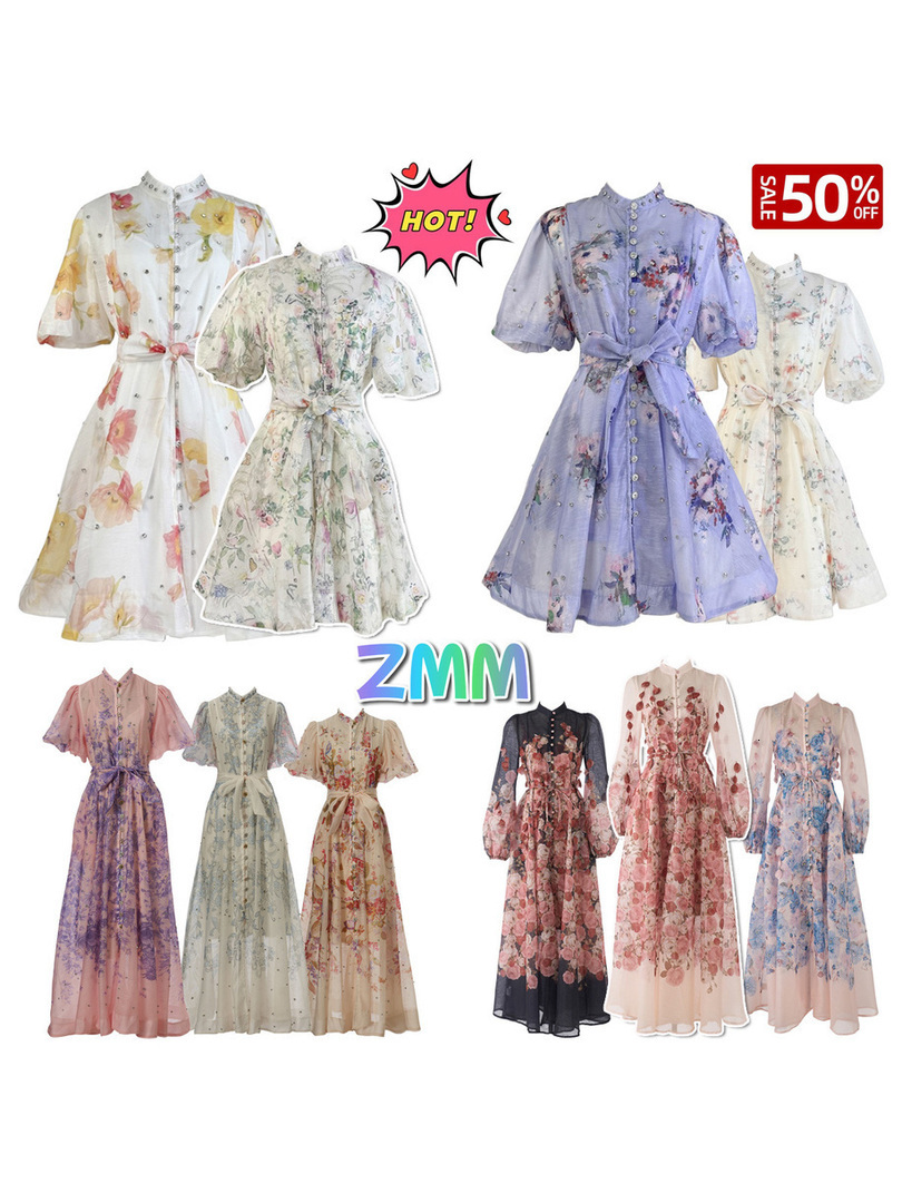For Holiday Beach Vacation Luxury zmm dress Designer Bohemian Stand Collar Short Sleeve Rhinestone Floral Print Tie Waist Flared Dress Elegant Waist
