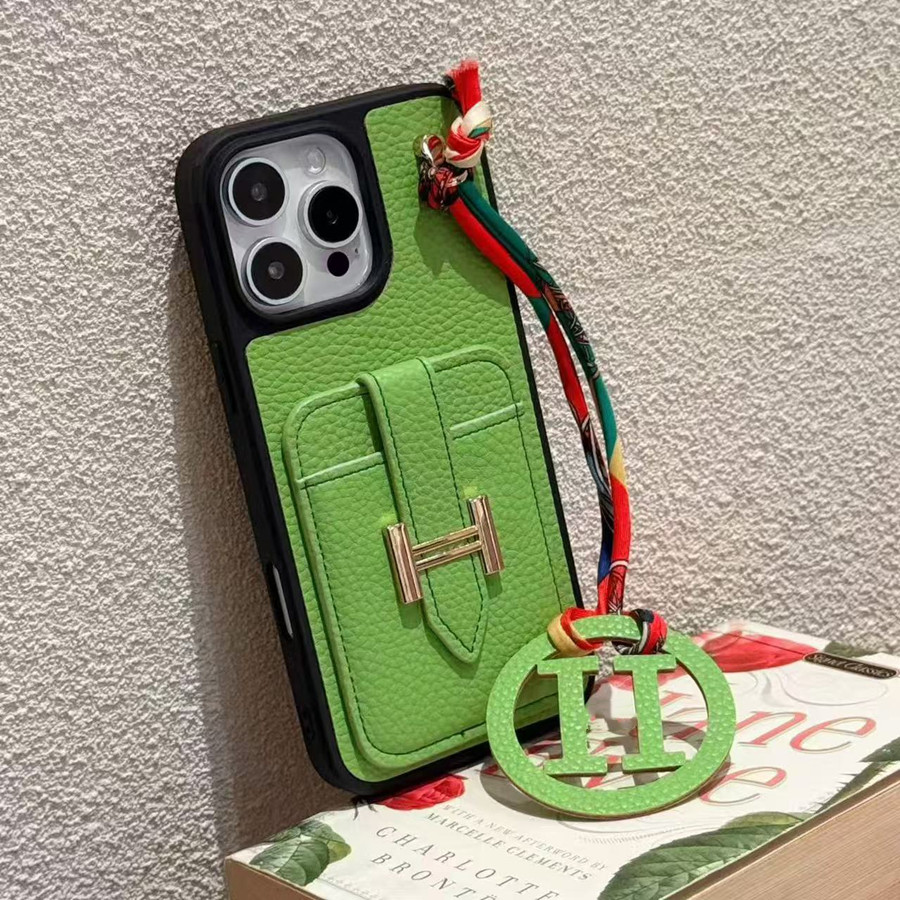 Leather Card Holder Phone Case For iPhone 17 16 15 14 13 2 Pro Max Luxury H Buckle Wallet Cover With Silk Scarf Wrist Strap Ring Lanyard Shockpro-image-1112962044
