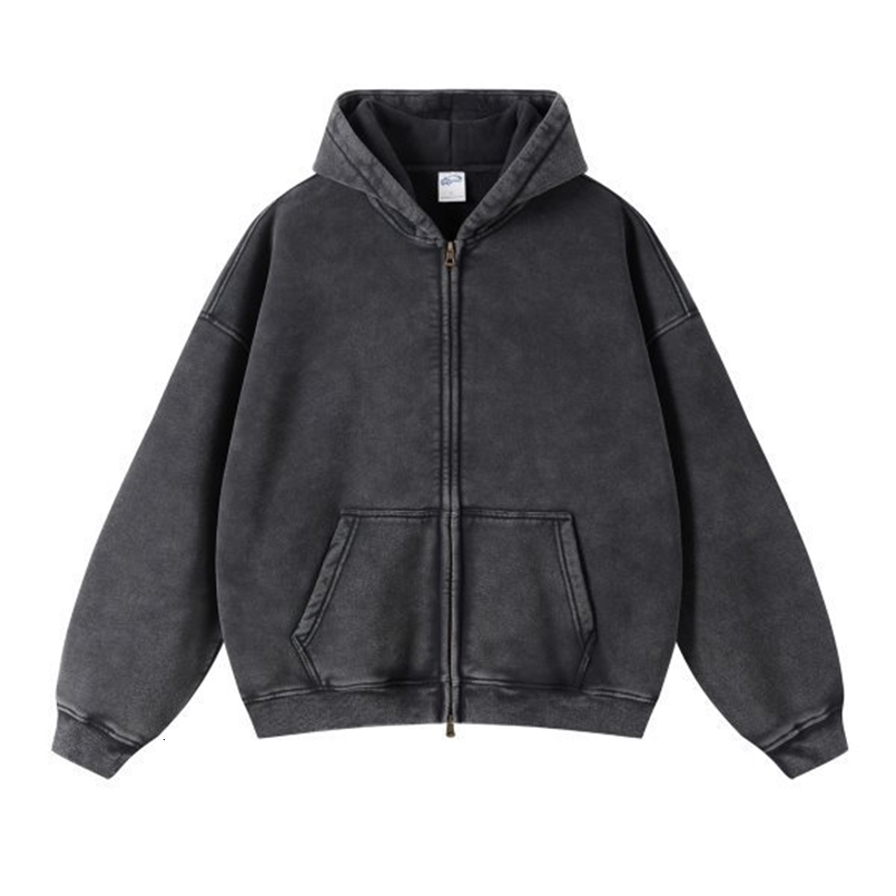 Spring Autumn Fahsion Mens Casual Trendy Loose Solid Color Waxed Hooded Hoodies American Zipper Washed Vintage Coat Male 260625CJ