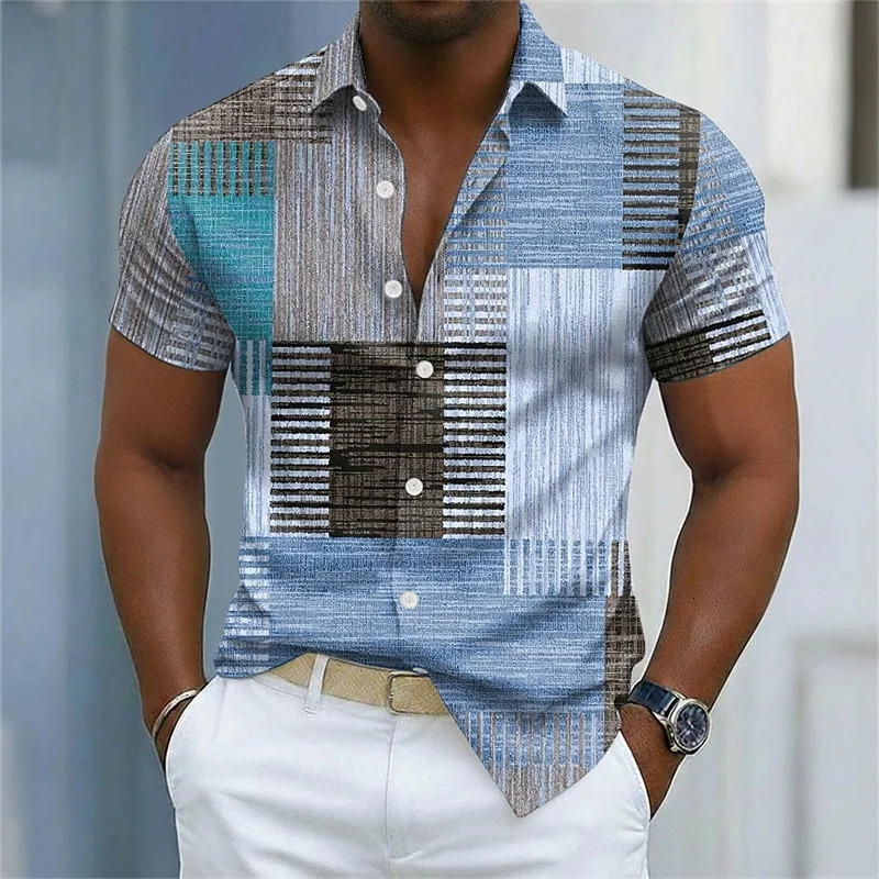 Mens short-sleeved shirt summer thin style mens collared shirt retro plaid color-block print casual loose vacation shirt 260630BJ