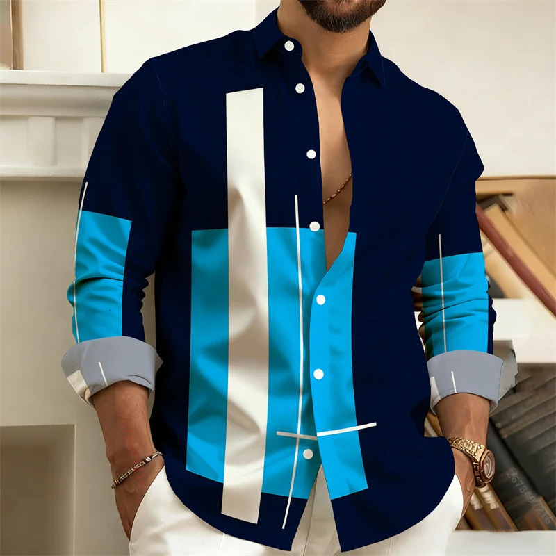 mens color-block patchwork long-sleeved shirt geometric striped casual business shirt slim-fit mens top sizes S-6XL 260630BJ