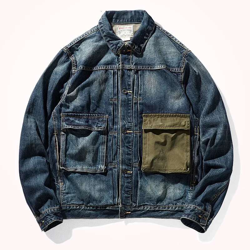 Autumn Winter American Style Denim Tooling Jacket Mens Fashion Retro Contrast Patchwork Heavyweight Multi-pocket Casual Coat 260630BJ