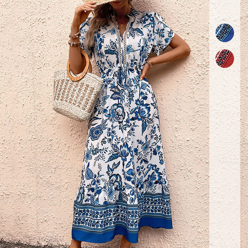 Popular hot sale European and American vacation casual blue retro ethnic style printed dress looks thin-image-1113020542