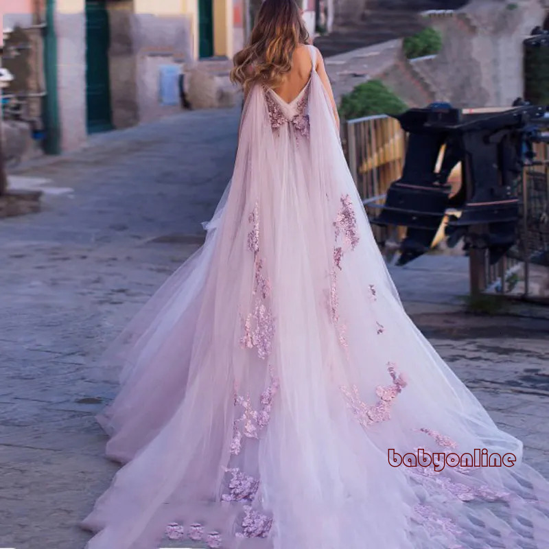 Boho Dress 3D Flowers Light Purple Beach Bride Dresses Backless Puff Tulle Wedding Gowns Long Train Floor Length