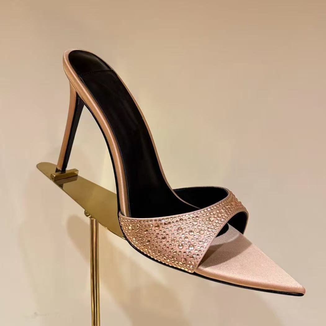 2026 New Luxury Bling Crystal Rhinestone Strap Mules for Women Pointed Toe Thin Stiletto High Heels Backless Slide Sandals Evening Club Wedding Form