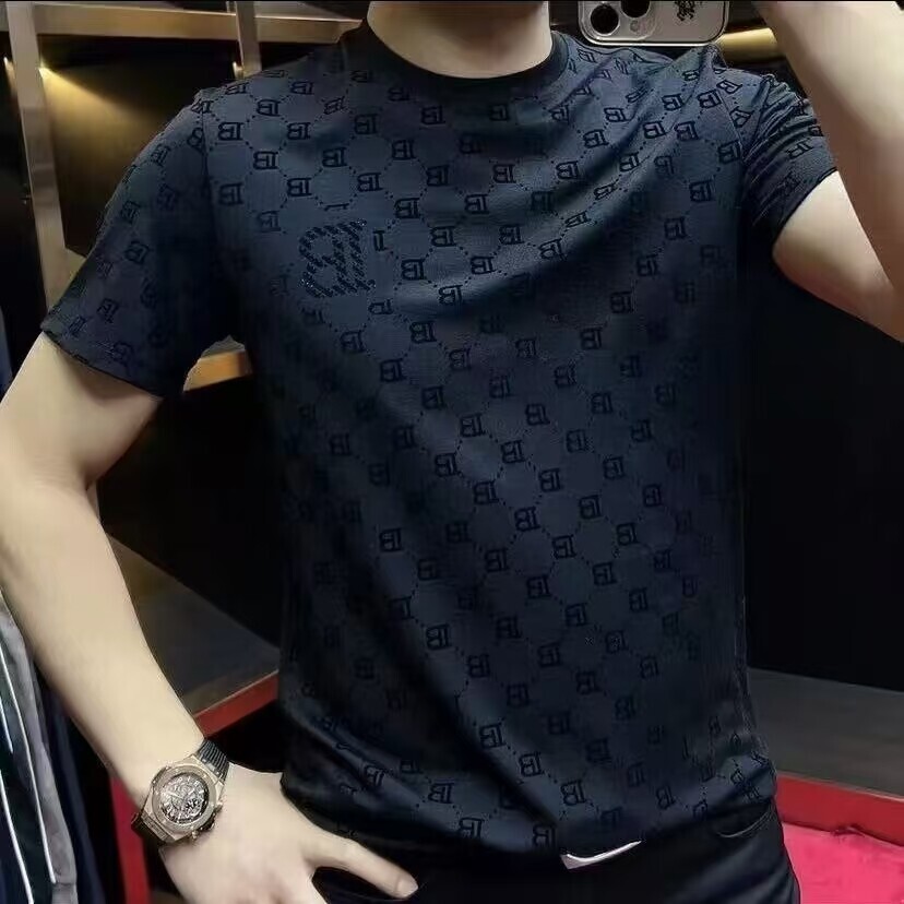2026 New Men All Over B Letter Flocking T Shirt Rhinestone Chest Logo Crew Neck Short Sleeve Tee Slim Fit Luxury Business Casual Summer Tops
