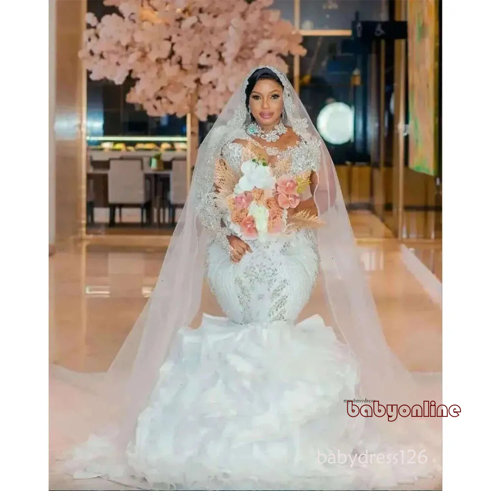 Arabic Aso Ebi White Mermaid Wedding Dresses With Detachable Train Gillter Beaded Crystals Illusion Long Sleeve Bridal Gowns O23