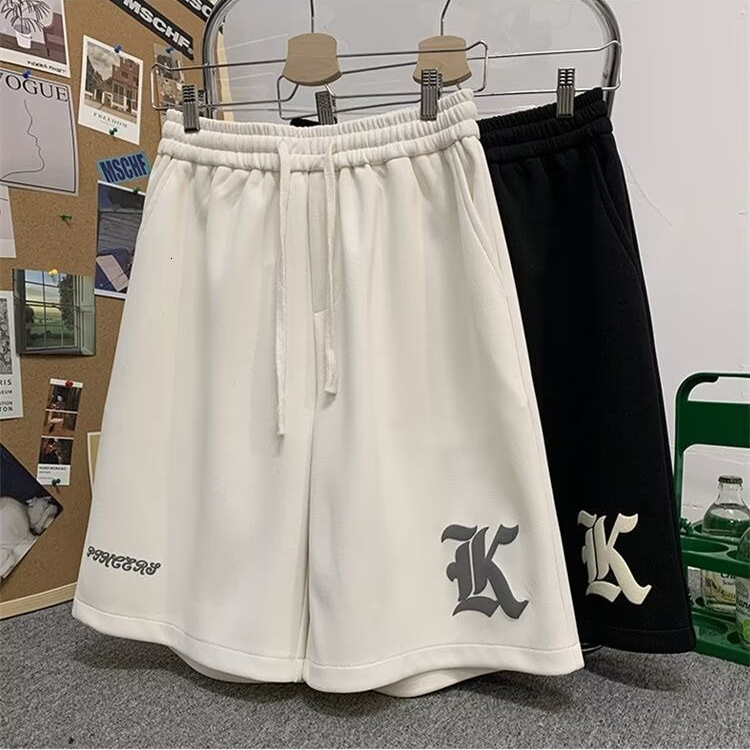 Designer Luxury Unisex Cotton Sweat Shorts White Black Two Color Drawstring Five-point Side Big Gothic K Rubber Logo Hem Cursive Print Loose Hip Hop