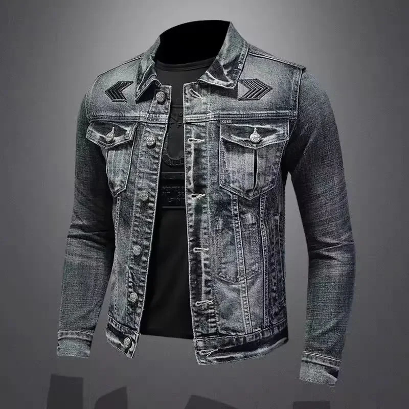 Mens Denim Jacket Vintage Distressed American Style Slim Fit Motorcycle Jacket Workwear Casual Coat Spring Autumn 260630BJ