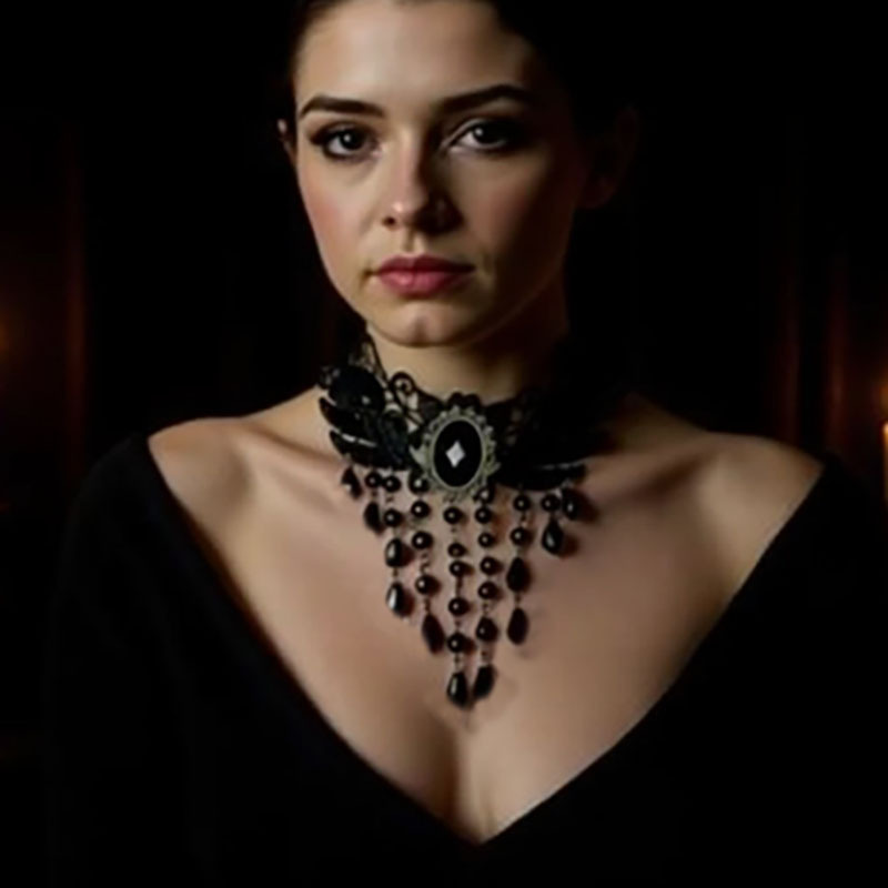 Collier ras du cou en dentelle noire, pendentif Preppy sur le thème sombre avec pendentif cercle et embellissement en cristal – pierre de corne v