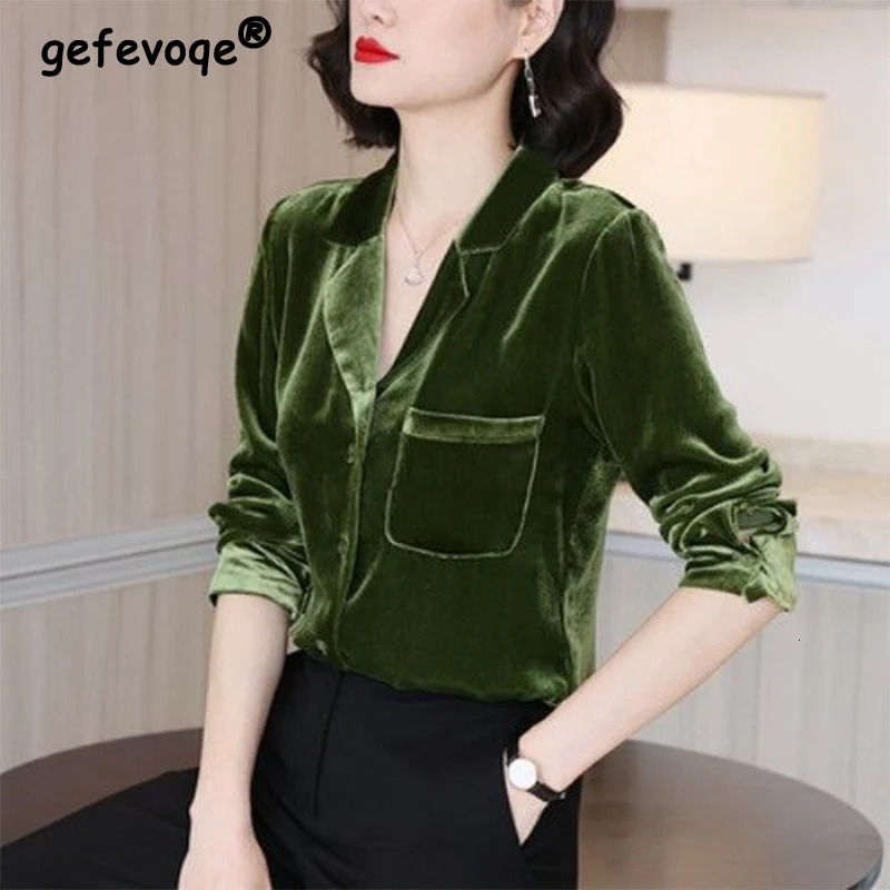 Spring Autumn Velvet Elegant Fashion Solid Shirt Ladies Poloneck Long Sleeve Buttons Vintage Top Women Loose Casual Blouse 260625
