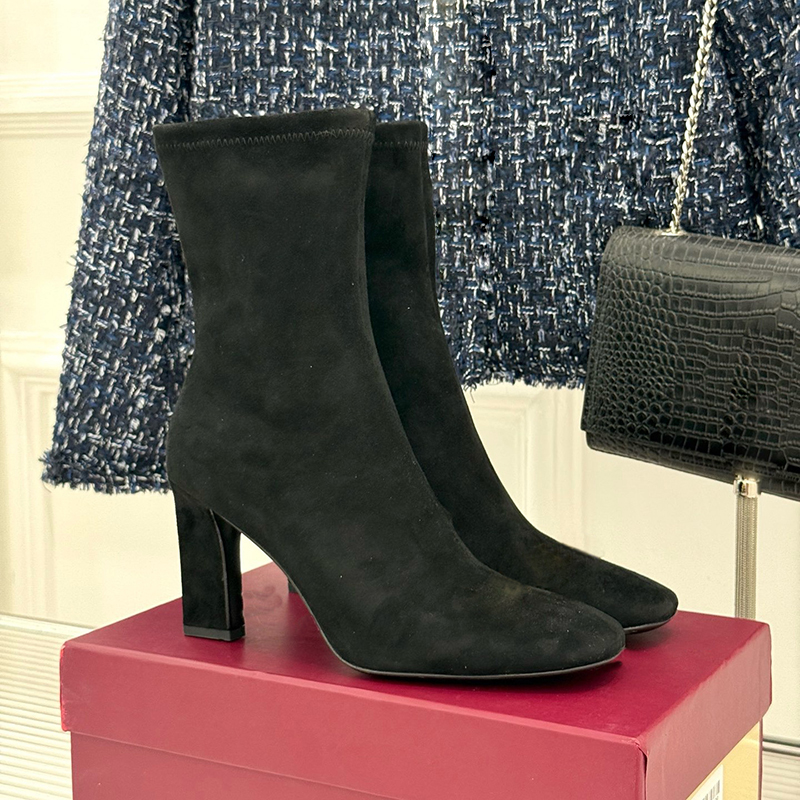Botas de tobillo de media pantorrilla de gamuza elástica negra para mujer, botas de diseñador con punta redonda y tacón alto, botines elásticos, cal