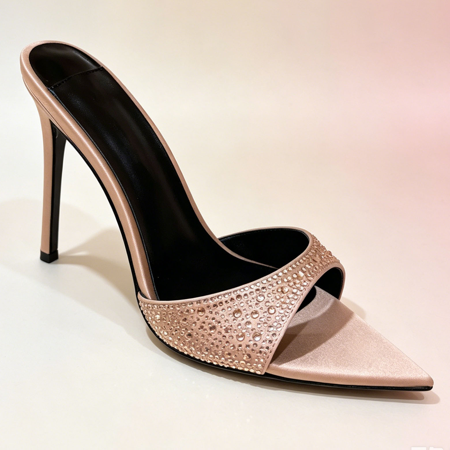 Designer satin rhinestone pointed toe low-heeled summer party dress slippers with high heel Mule style. Multiple color options. Sizes available from
