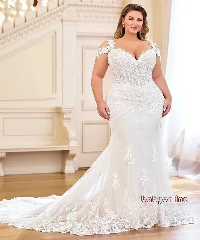 Princess Mermaid Wedding Dresses With Cap Sleeves Lace Applique Floral Outdoor Plus Size Country Bride Gowns
