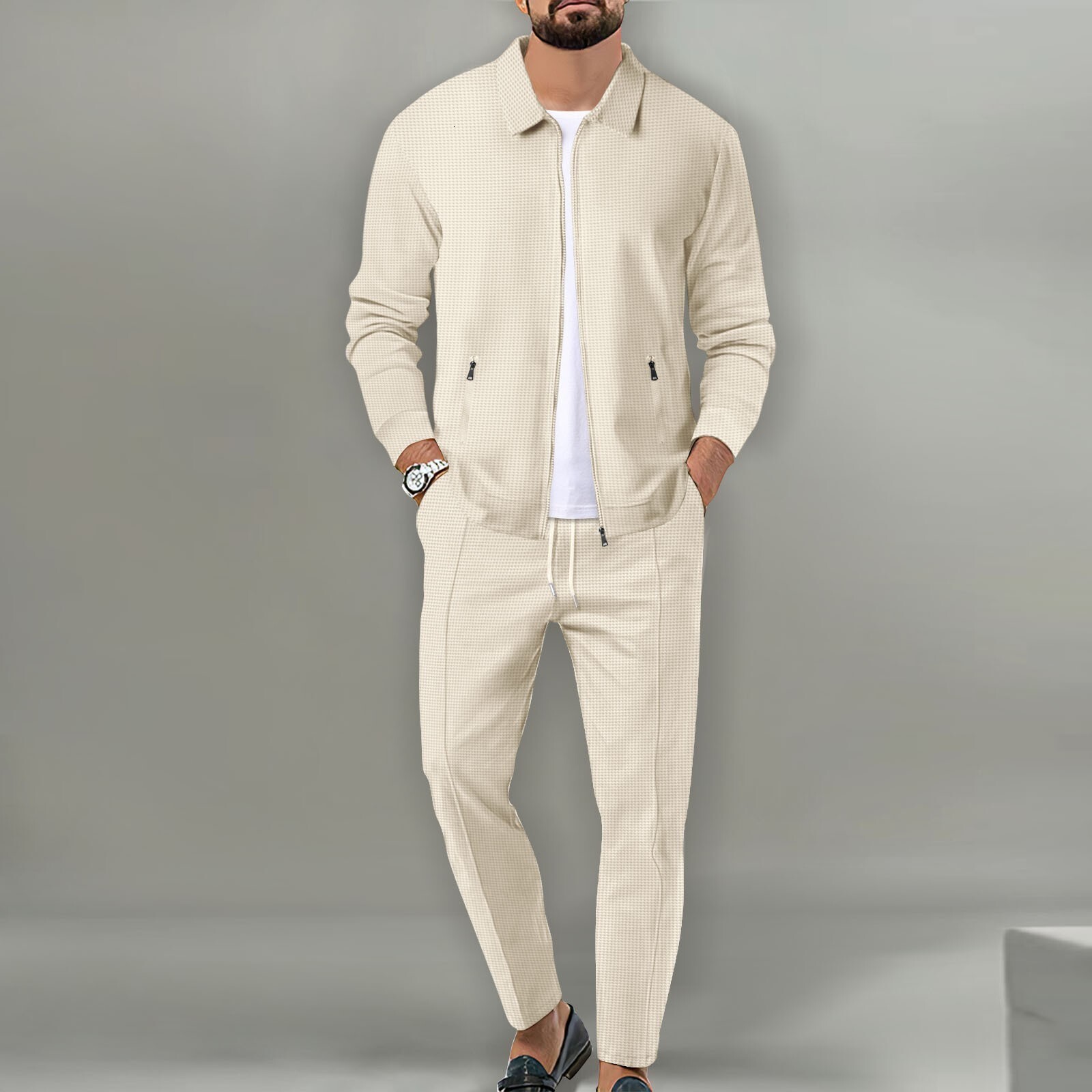 Designer 2026 Men's Spring and Autumn Waffle Zipper Pocket Turn-down Collar Slim Fit Cardigan Jacket Set
