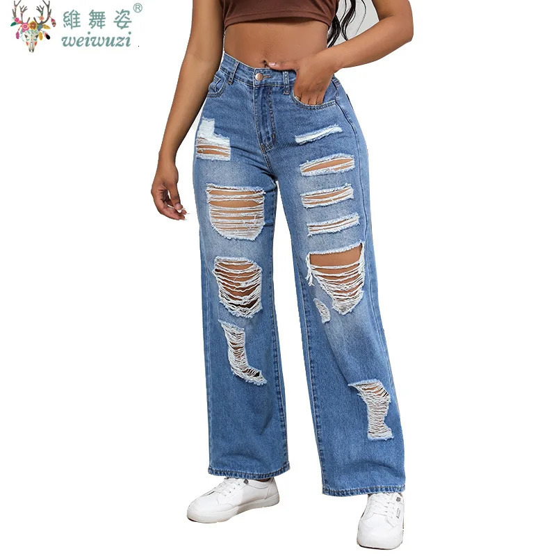 2026 Estate Donna Strappato Boyfriend JEANS Pantaloni dritti a gamba larga in denim Stretch Fori Pantaloni Tasca a vita alta 260626