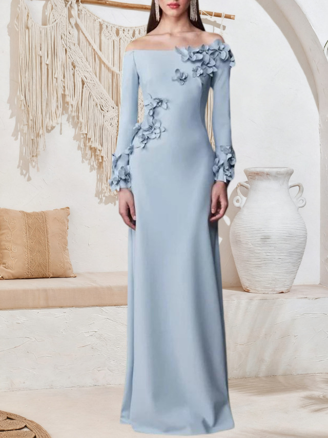 Light Blue Off Shoulder Long Sleeve Mermaid Maxi Evening Dress 3D Handmade Floral Applique Slim Fit Back Zipper Elegant Formal Mother Bride Floor