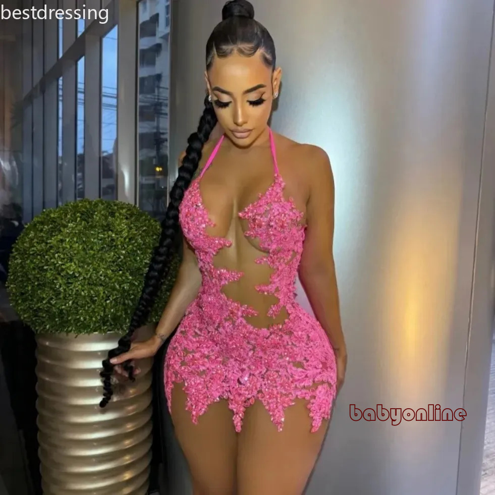 Pink Short Cocktail For Black Girls Appliques Beaded Halter African American Birthday Party Homecoming Prom Dresses Customized 0126