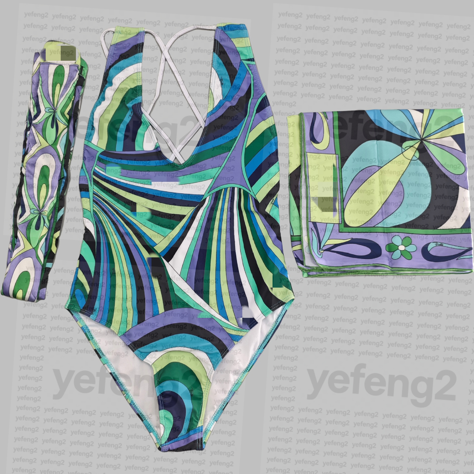 Maillot de bain bikini pour femme à motif géométrique rétro avec col suspendu et style dos nu associé à un foulard pour la plage en été