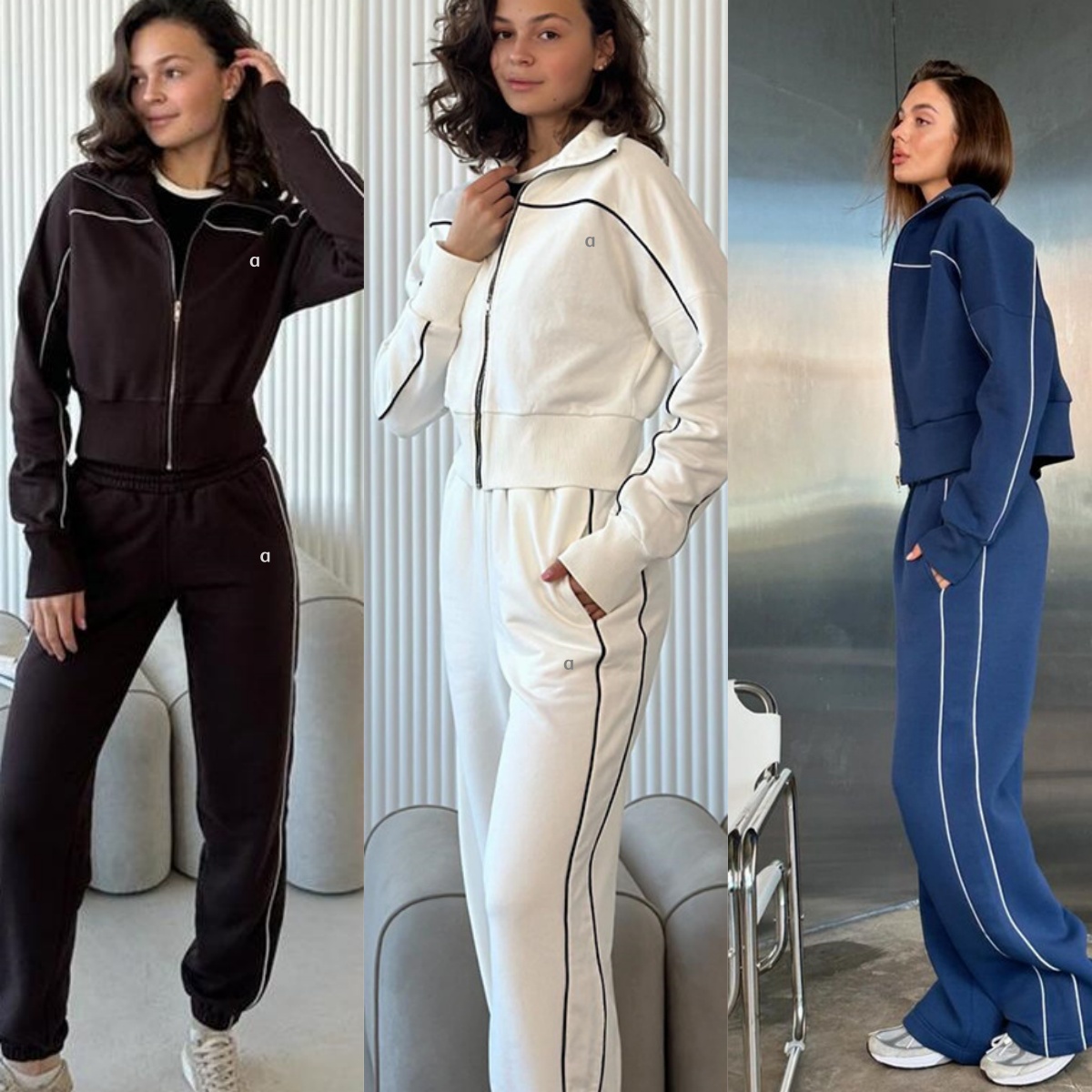 A1714 Womens 3D Silver Autumn Casual Set Long-Sleeve Zipper Hoodie/Coat with Striped Elastic Pants Trendy Fall Fashion Outfit Yoga Set