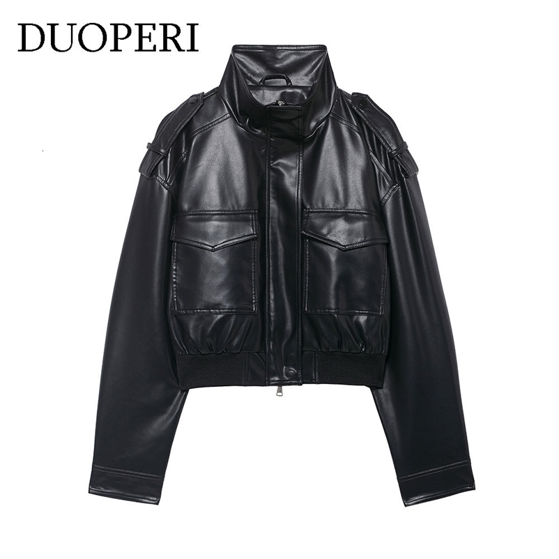 DUOPERI Womens Fashion With Pockets PU Black Jackets High Street High Neck Long Sleeves Coats Female Elegant Chic Lady Outfits 260629