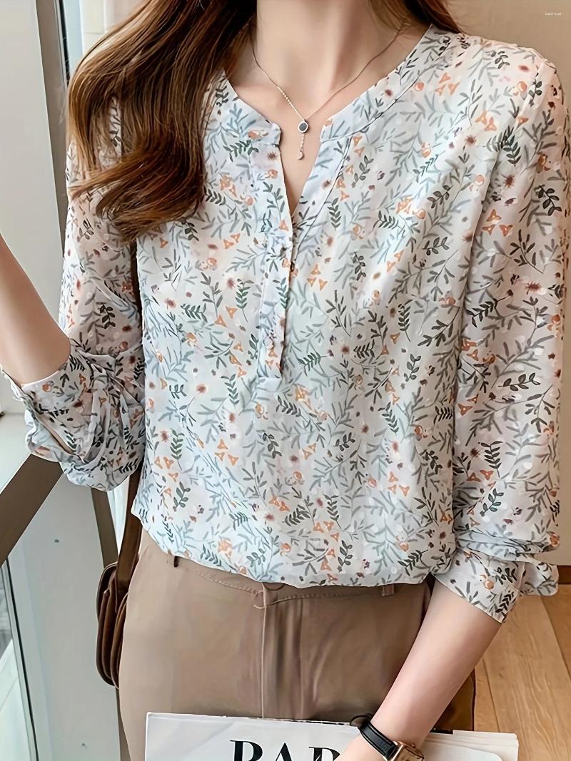 Women's Blouses Elegant Flower Printing Shirts For Ladies Fashion V neck Chiffon Spring Autumn Long Sleeve Tops Blusas Mujer e9