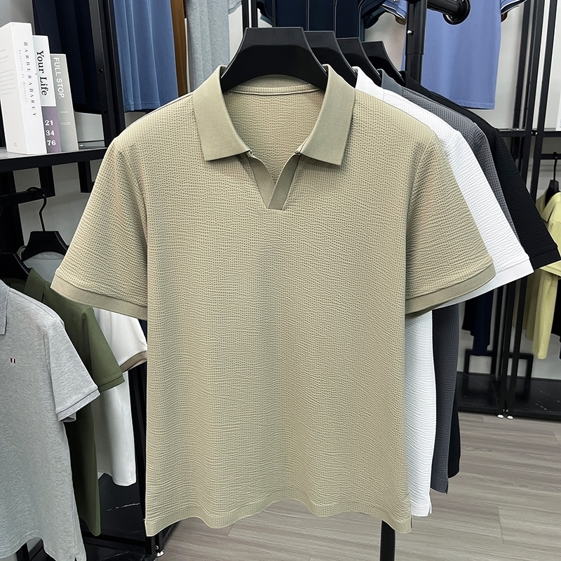 y plaid embossed short sleeve polo shirt mens fashion solid color breathable summer casual personality Vneck Tshirt y260609BANJIA