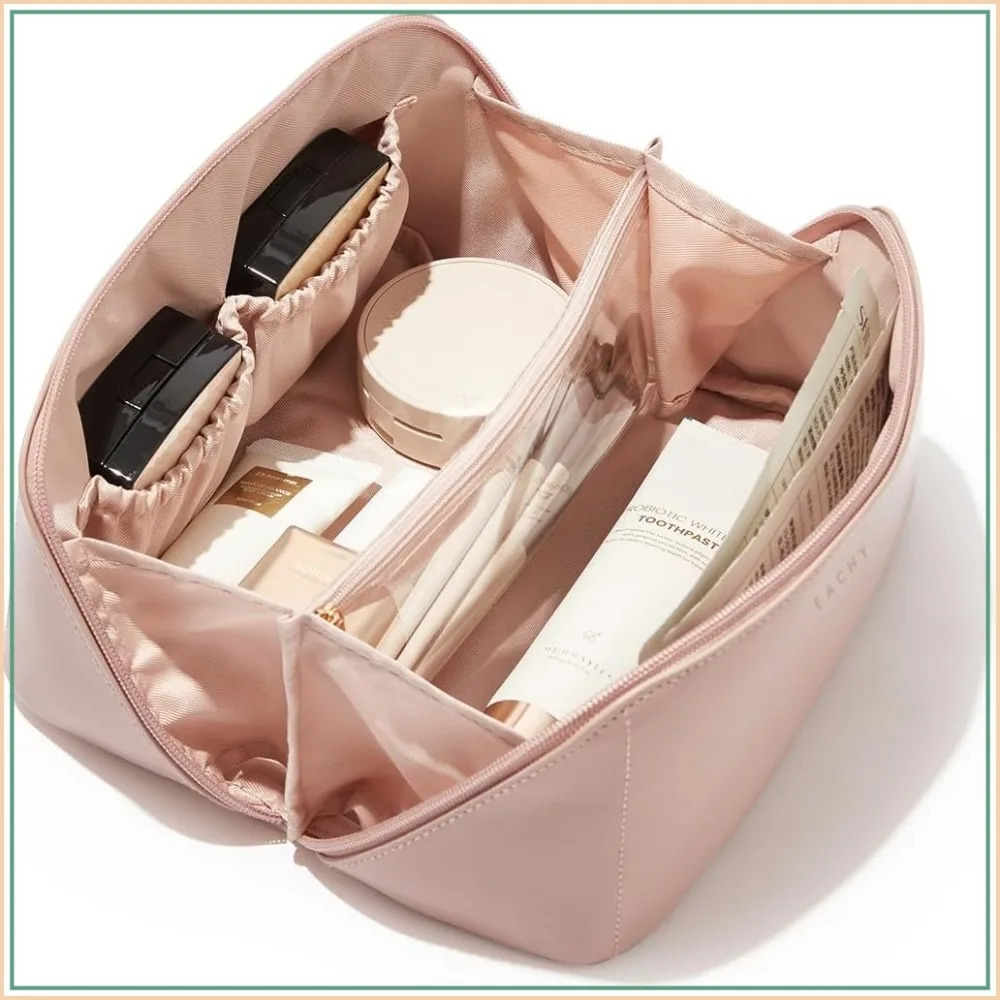 Large Capacity Travel Makeup Bag Waterproof PU Leather Cosmetic Case for Women Flat Open Toiletry Organizer for Skincare and Brushes 260629BJ