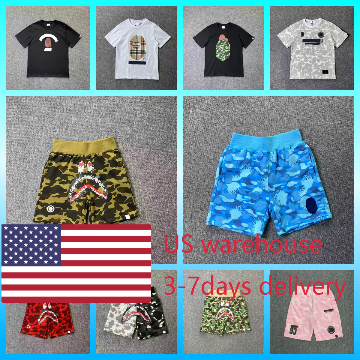 BapMens Designer shorts Mens Shark shirts Sleeve Streetwear summer tshirt short men shirts Luxury Shorts Crew Neck Cotton shirt asian size M-3XL