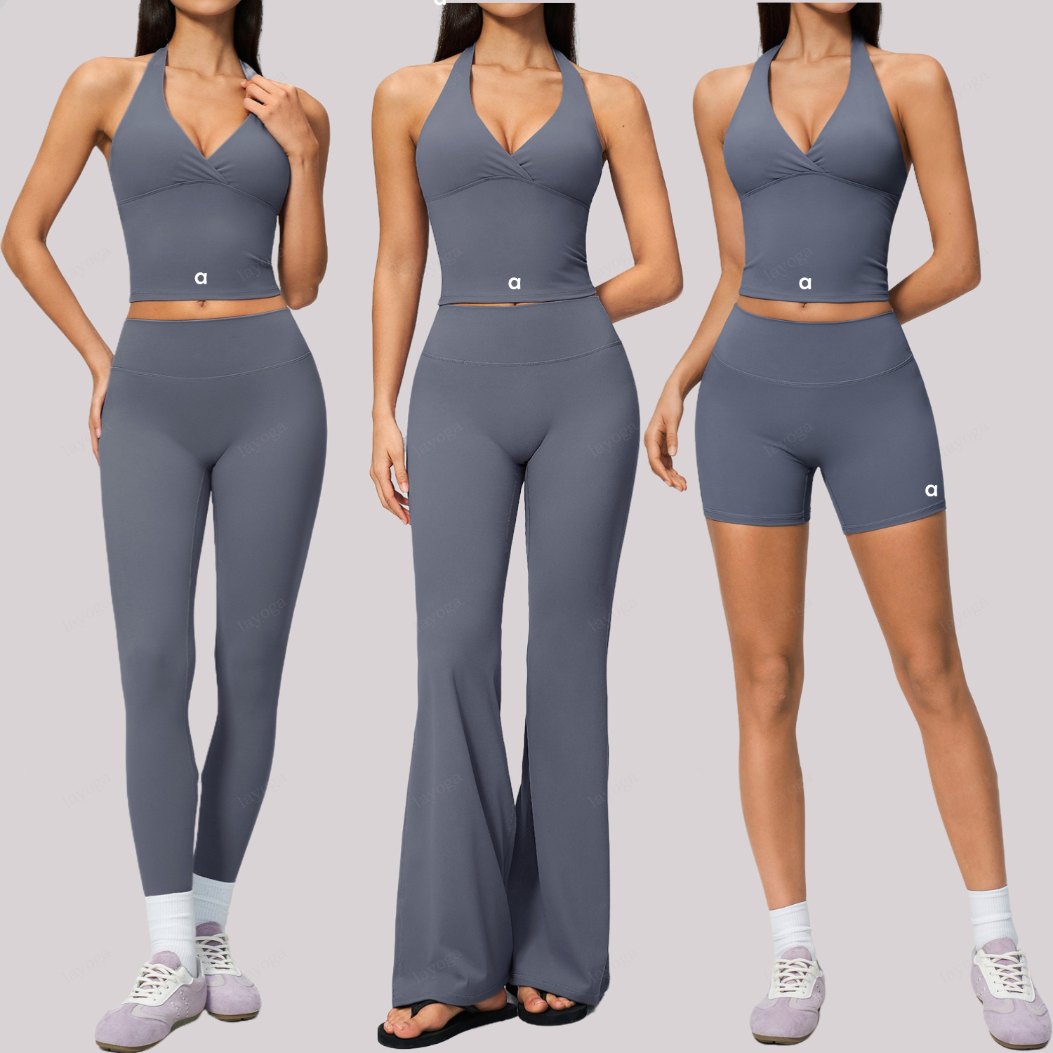 New Solid Color Buttery Cream Yoga Set Deep V Halter Open Back Quick Dry Fabric High Waist Design Butt Lifting Tummy Control Ideal Pilates Running42