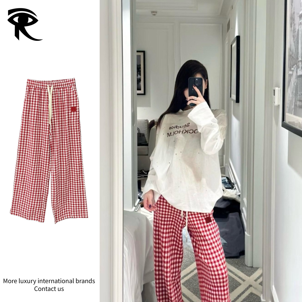 Pantalon Streetwear américain haut de gamme avec cordon de serrage à carreaux fraises, jambes larges et amples pour femmes, Future Tech, Style ur