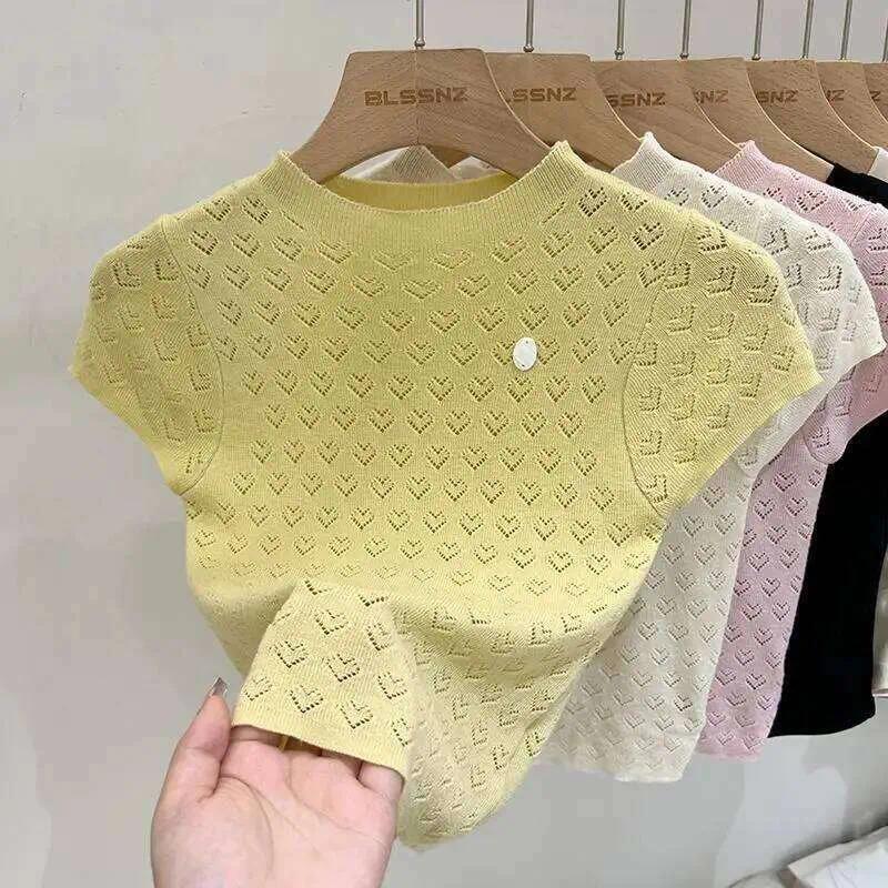 ajouré manches volantes haut court tricoté T-Shirts Ropa Mujer vêtements chemises pour femmes tricots nouvel été blanc Camisetas asie taille