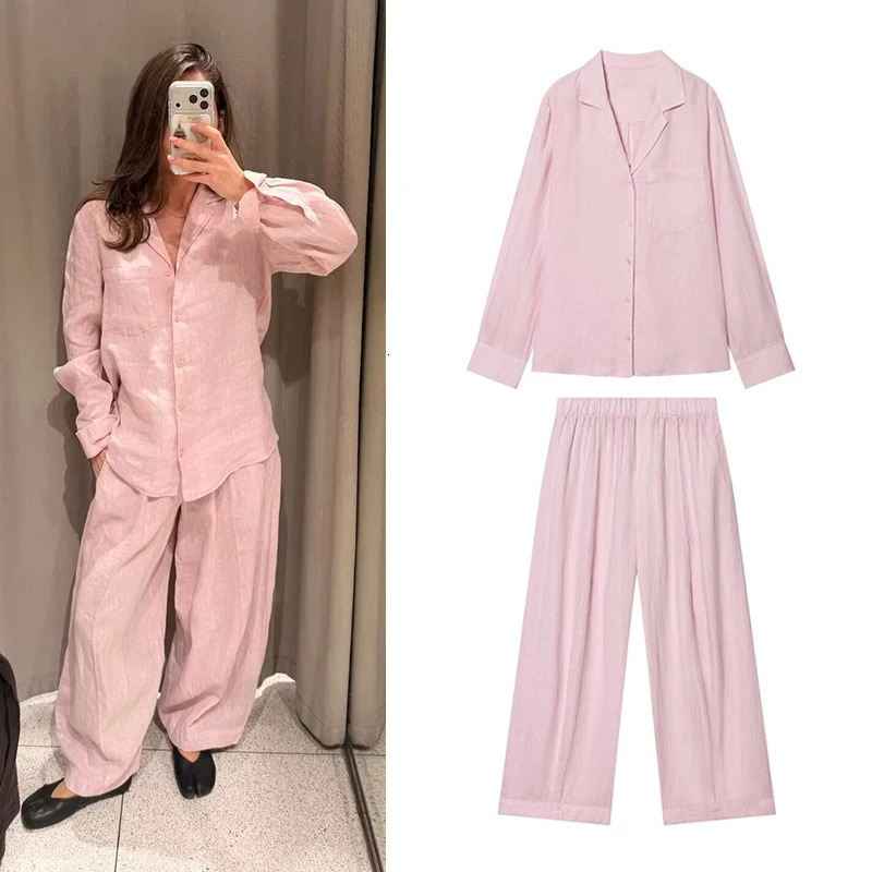 Womens Set 2026 Spring Summer PocketDecorated Linen Comfort Casual Shirt for Women WideLeg Pants Chic Personality 260626