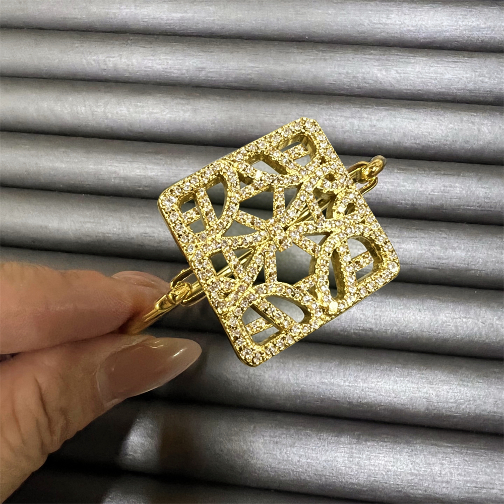 C267YJ3 Gold Full Rhinestone Hollow Square Open Bangle Gold Delicate Geometric Pattern Cuff Metal Bracelet Elegant Accessory For Daily Commute