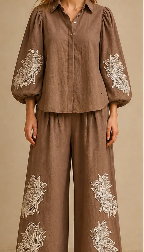 Meira Color Elegant Vacation Heavy Embroidery Puff Sleeve Blouse Wide Leg Pants Two Piece Set Women Festival Going Out 260626 ab