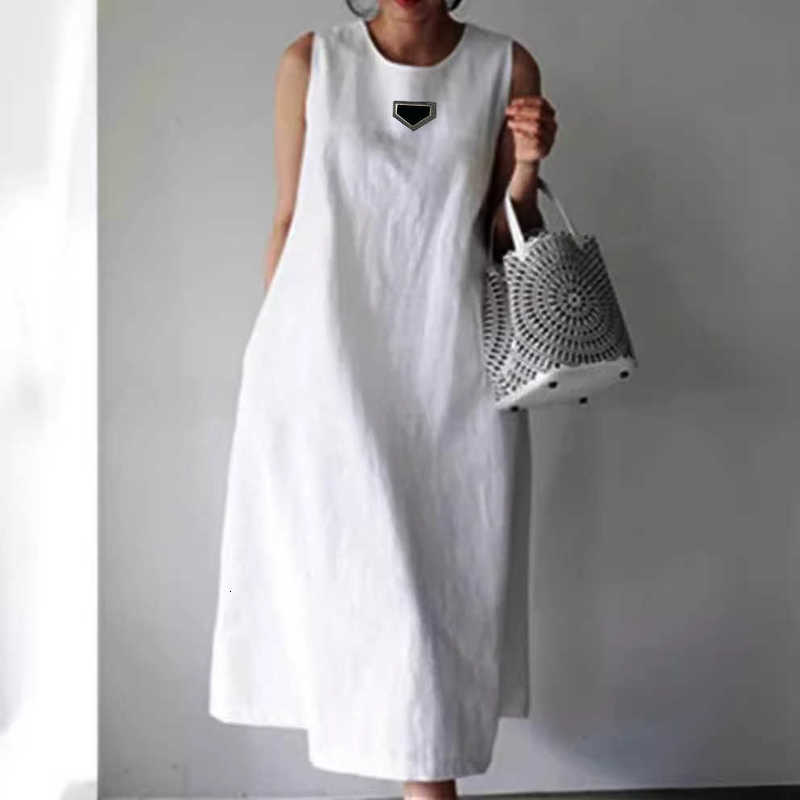 Women's Basic & Casual Dresses designer Summer New Solid Color Cotton Linen Sleeveless Large Loose Korean Vest Skirt Round Neck Medium Length D