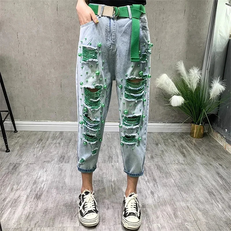 Spring Summer Hole Plus Size Jiufen Jeans Fashion Harem Pants Light Blue Loose Slim Flower Casual Temperament Denim 260626