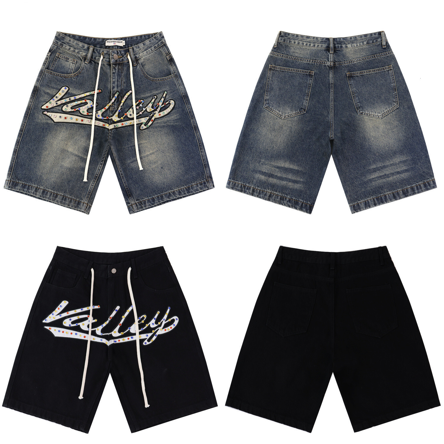 Designer trendy brand Va&le colorful studded letter embroidered denim for men and women, high street straight casual shorts