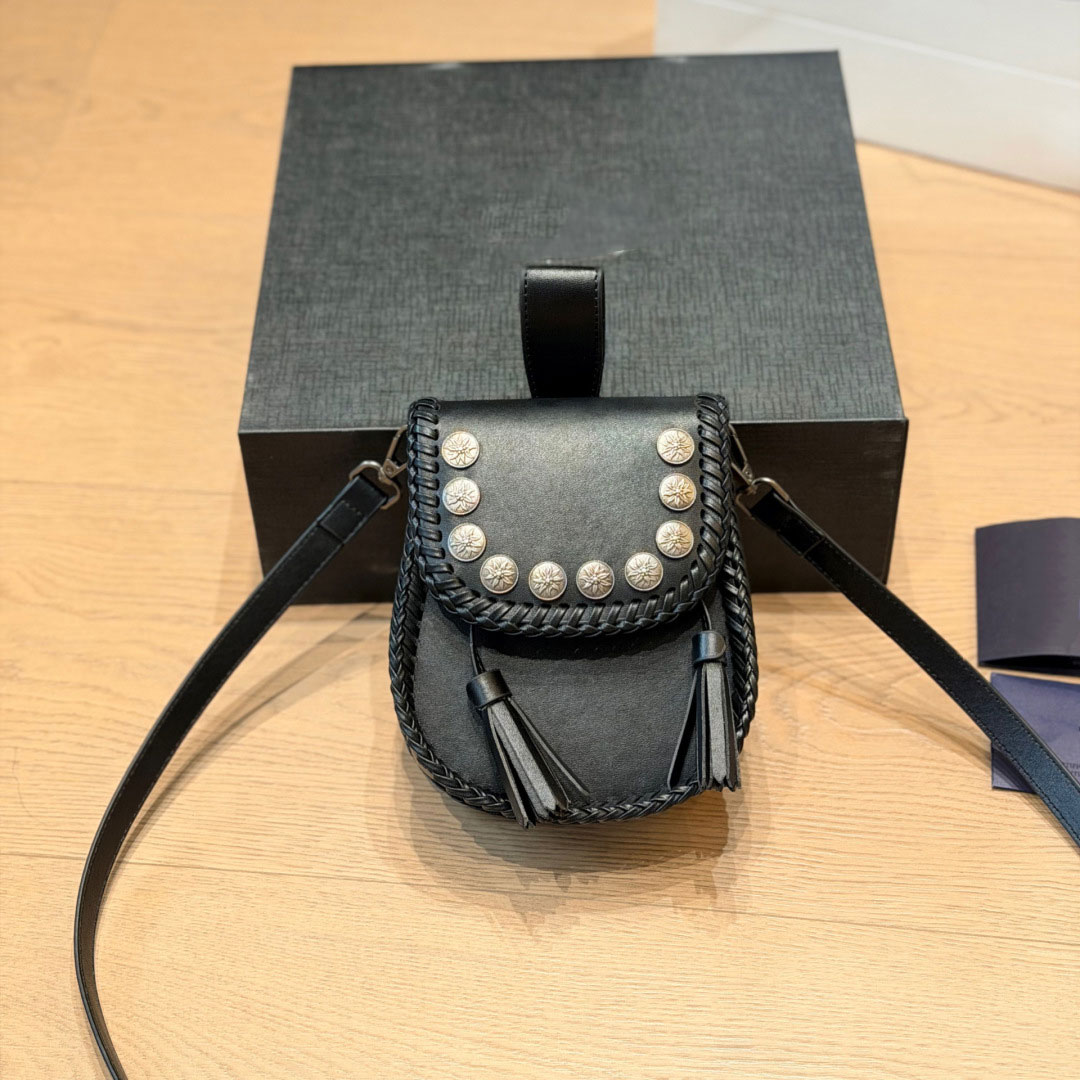 Vintage Rivet Tassel Mini Saddle Crossbody Bag Women Braided Edge Genuine Leather Shoulder Purse Retro Western Small Phone Bag Adjustable Strap Dail