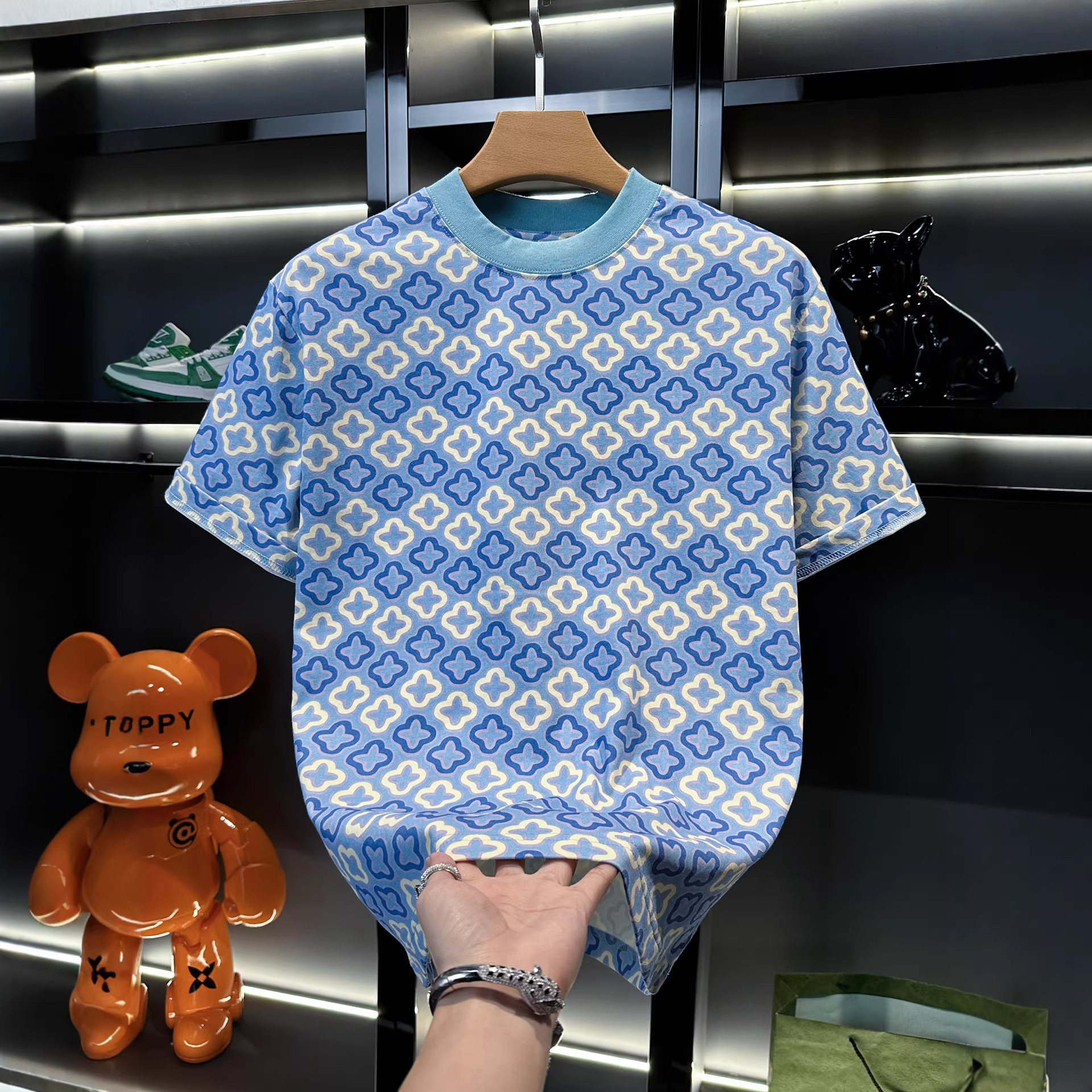 Luxury Brand Designer Clothes European-Style High-End Summer New Fashion Cool And Stylish Color-Blocking Four-Leaf Clover Pure Cotton Short-Sleeve T