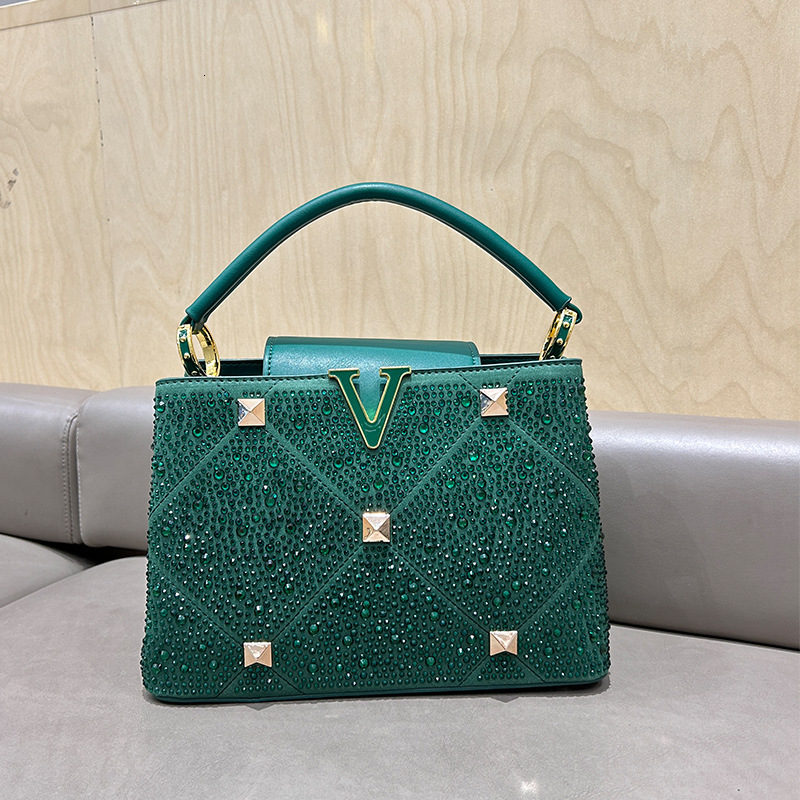 Fuchsia Full Rhinestone Square Handbag Gold Pyramid Studs V Shape Metal Logo Short Top Handle Luxury Evening Party Shoulder Bag