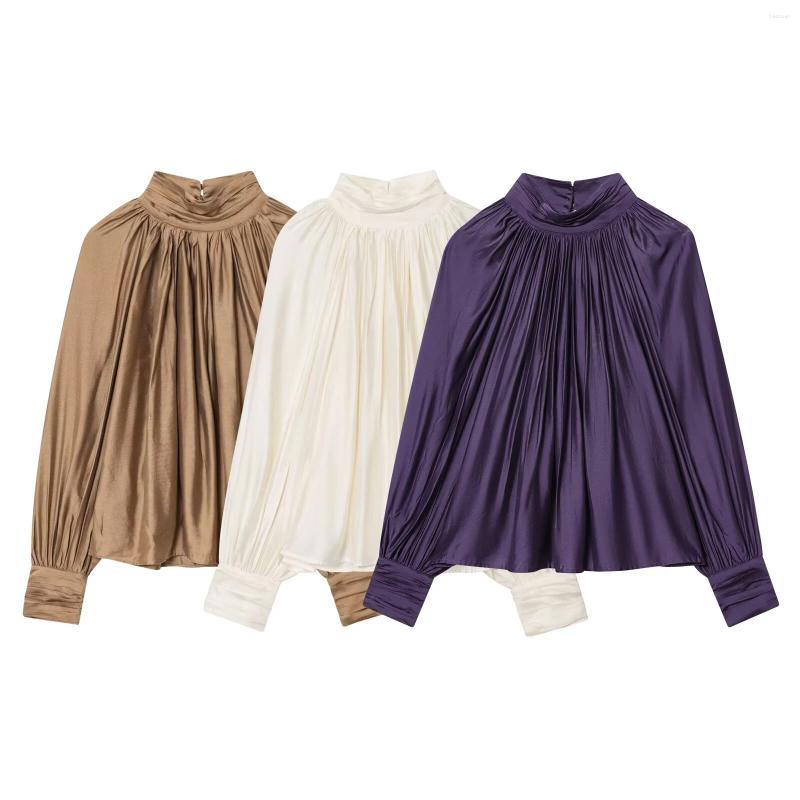 Women's Blouses Spring Clothing Minimalist Style Stand Up Collar Shoulder Inserted Lantern Long Sleeved Pleated Top ae