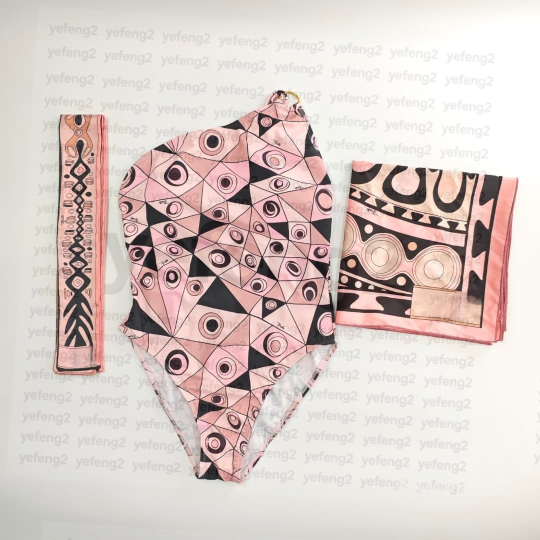 Women's one piece swimsuit retro geometric print scarf headscarf suspender sexy swimsuit set summer beach swimsuit-image-1113044711