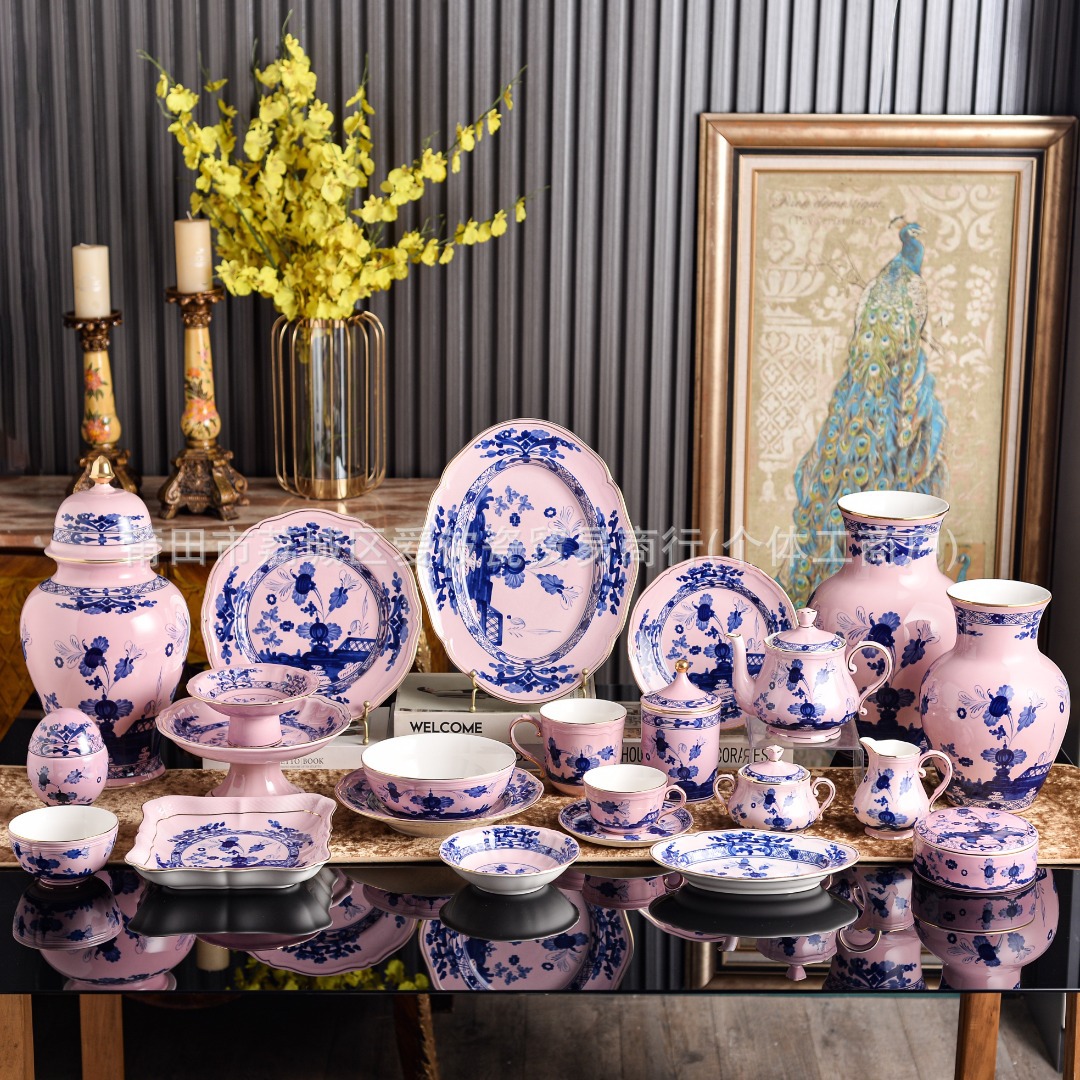 Top Italian luxury art collection Pink tableware Rice bowl Fruit plate Flat plate Shallow plate Salad bowl Fish plate Oval plate Square plate Vase