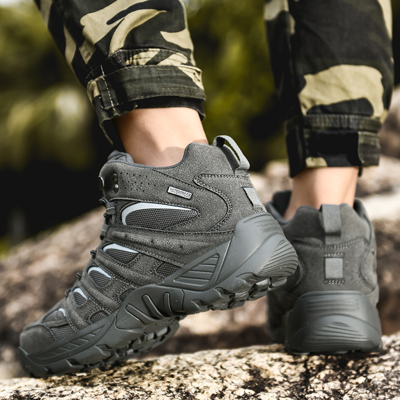 Khaki Suede Mesh High Top Hiking Boots Non-Slip Lug Sole Lace Up Outdoor Trekking Tactical Shoes For Men