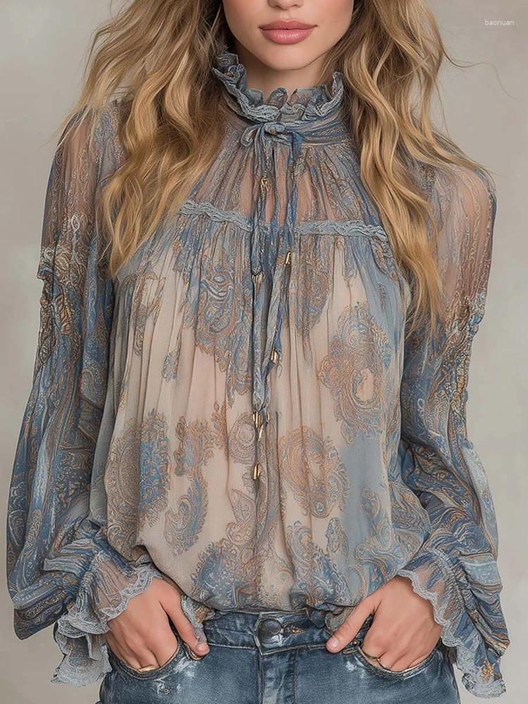Women's Blouses Boho Paisley Print Vintage Blouse Elegant Ruched Lace Up Crew Neck Chiffon Flared Long Sleeve Chic Vacation c6