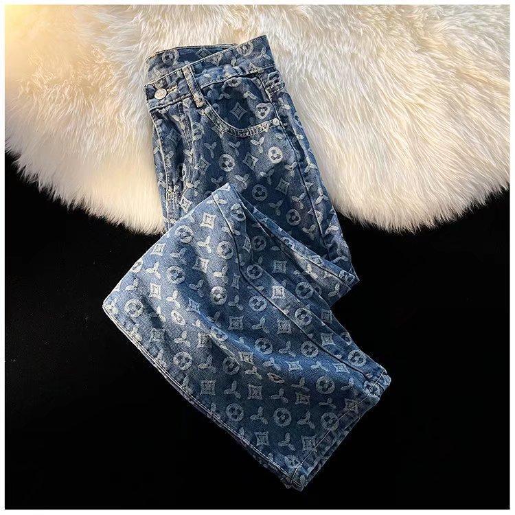 Designer Vintage printed denim for men autumn niche trend Korean trendy brand street style loose straight leg dad pants 58 18