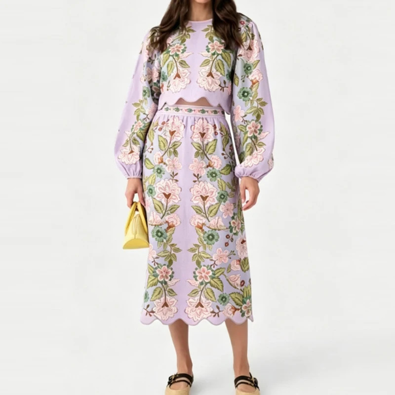 Casual Long Sleeve Womens Bohe Suit Elegant Flower Print Hight Waist Skirt Set Fashion Oneck Pullover Top Outfits 260626