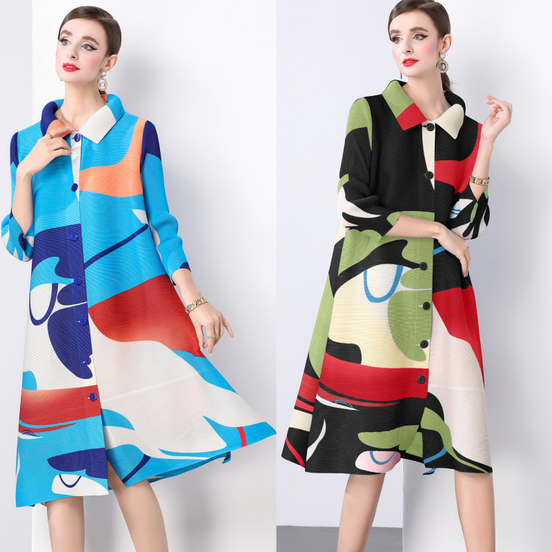 Designer Spring autumn mid length loose fitting printed dress plus size women's wear with a turn down collar pleated design and three quarter 4